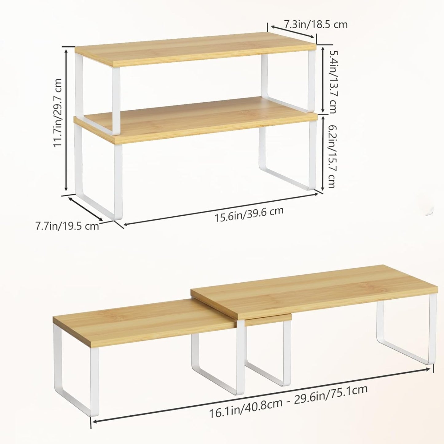 NEX Kitchen Cabinet and Counter Shelf Organizer, Stackable & Expandable, Set of 4, White and Natural - 7.7 x 15.6 x 6.2''