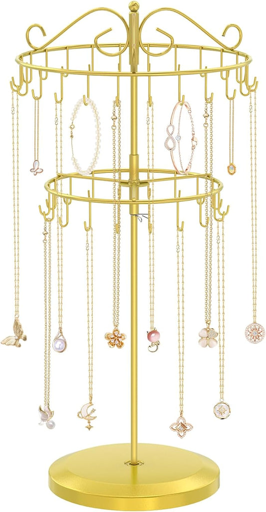 iDavosic.ly 2 Tier Rotating Necklace Holder Organizer with 42 Hooks, Adjustable Metal Bracelet Display Stand Rack, Extra Tall Keychain Spinning Tree Tower for Women, Gold