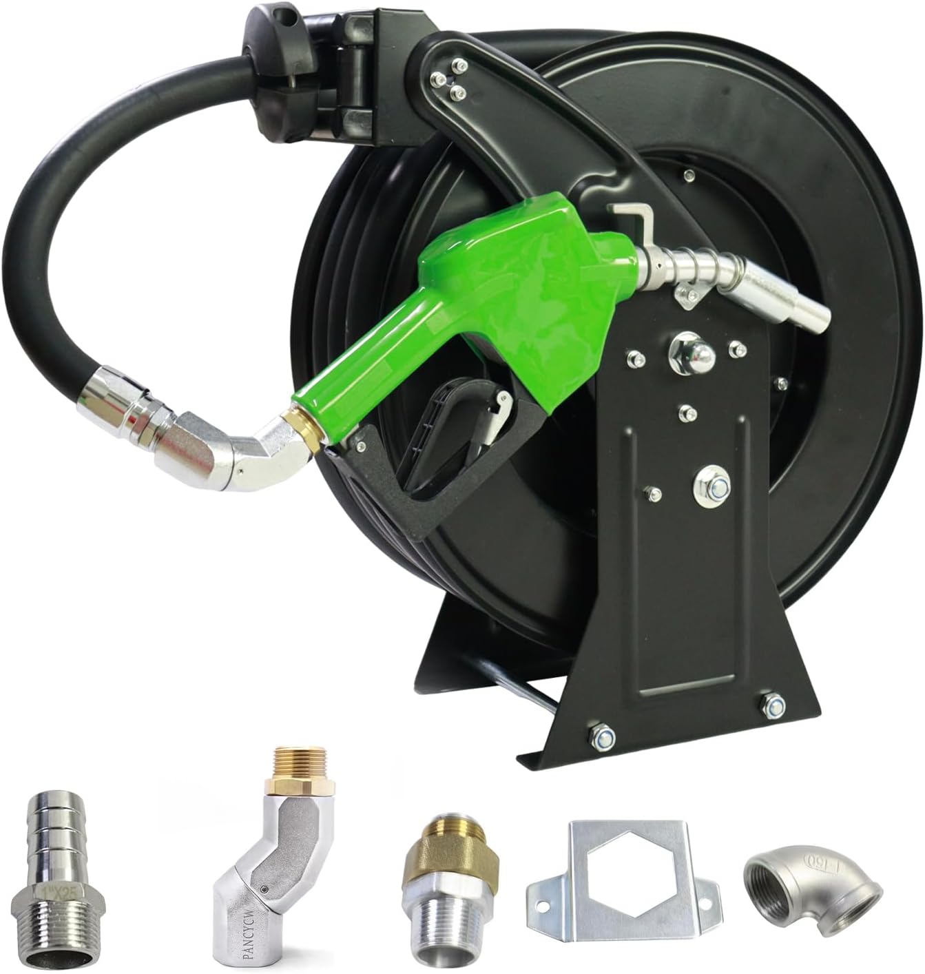 Fuel Hose Reel,3/4"X50' Retractable Ratchet Spring Driven Diesel Hose Reel,360 Rotating Fuel Hose Swivel,AUTO Fuel Nozzle,SS304 Elbow Pipe,Barb Fitting,300 PSI,Swivel Steel Construction Reel
