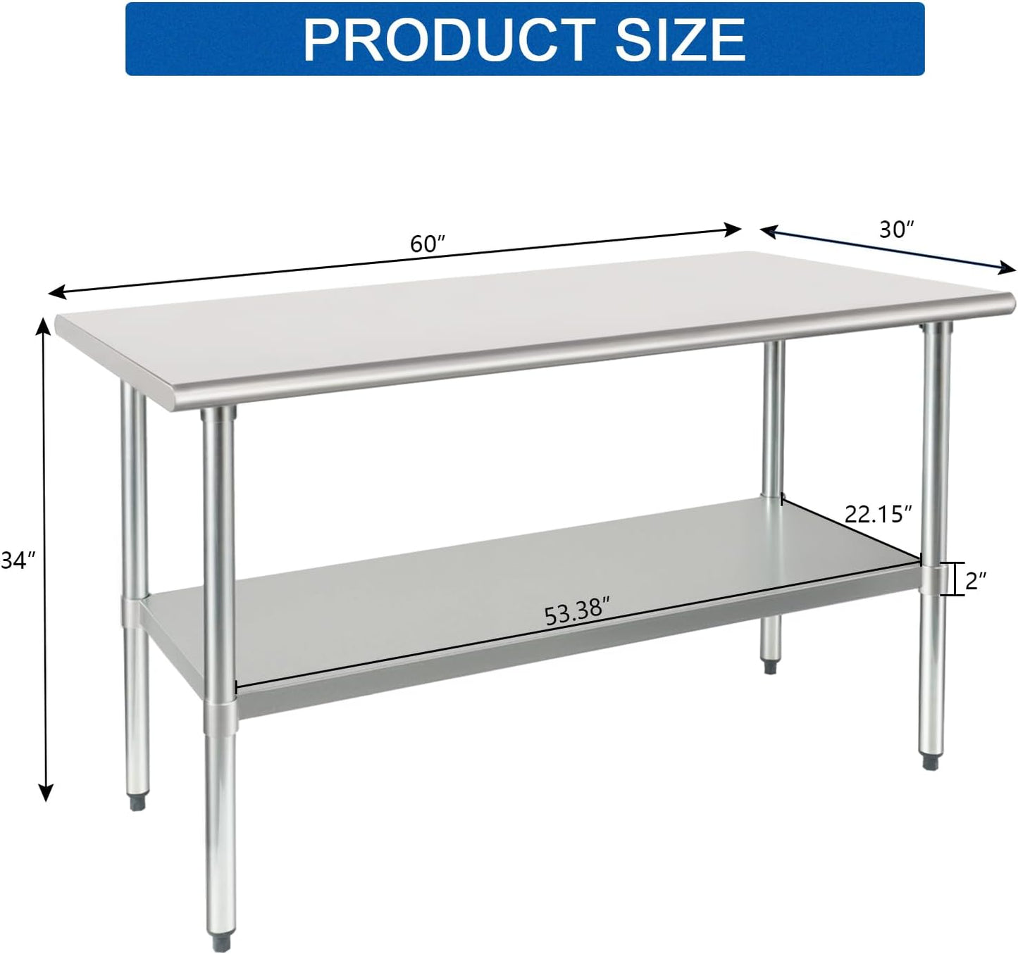 HARDURA Stainless Steel Table 30X60 Inches with Undershelf and Galvanized Legs NSF Heavy Duty Commercial Prep Work Table for Restaurant Kitchen Home and Hotel