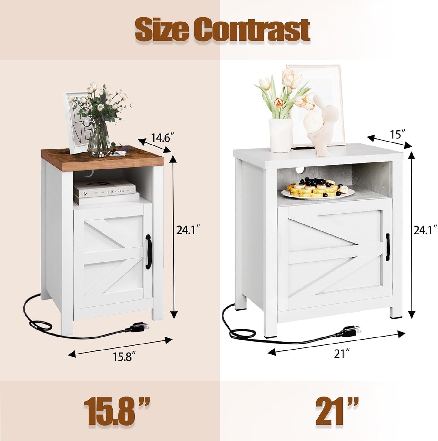 Farmhouse Nightstand with Charging Station, Couch Side Table Set of 2, Bedside Table with Storage Space, End Tables with Barn Door, Bed Side Tables for Living Room and Bedroom, White