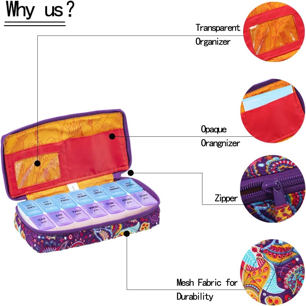 Weekly Pill Organizer 2 Times a Day, Zumd Pill Box 7 Day with Cute Quilted Fabric Zipper Case, Travel Pill Case Am Pm for Vitamin Medicine Organizer