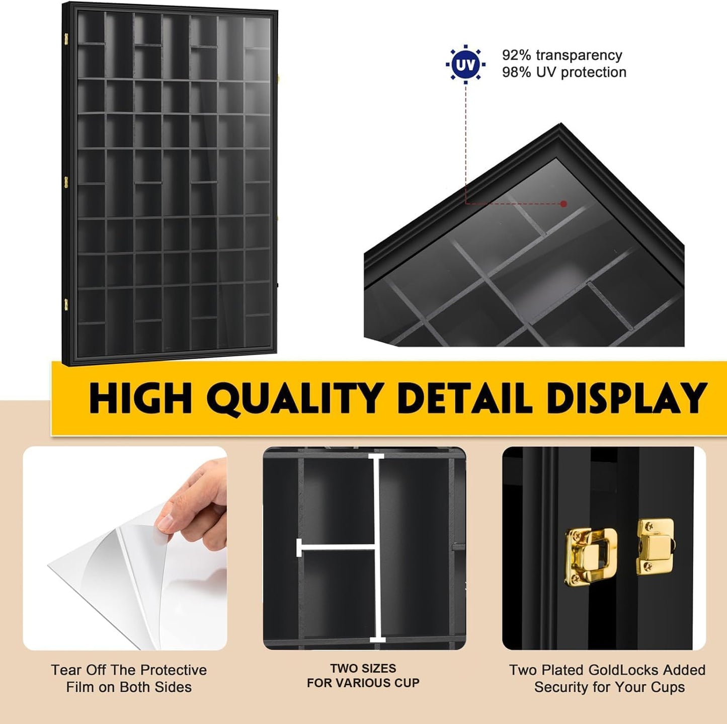 Black Shot Glass Display Case Large 61 Slots Glass Display Holder Wall Mounted Storage Shadow Box with UV Protection Acrylic Glass Door for Room Decor