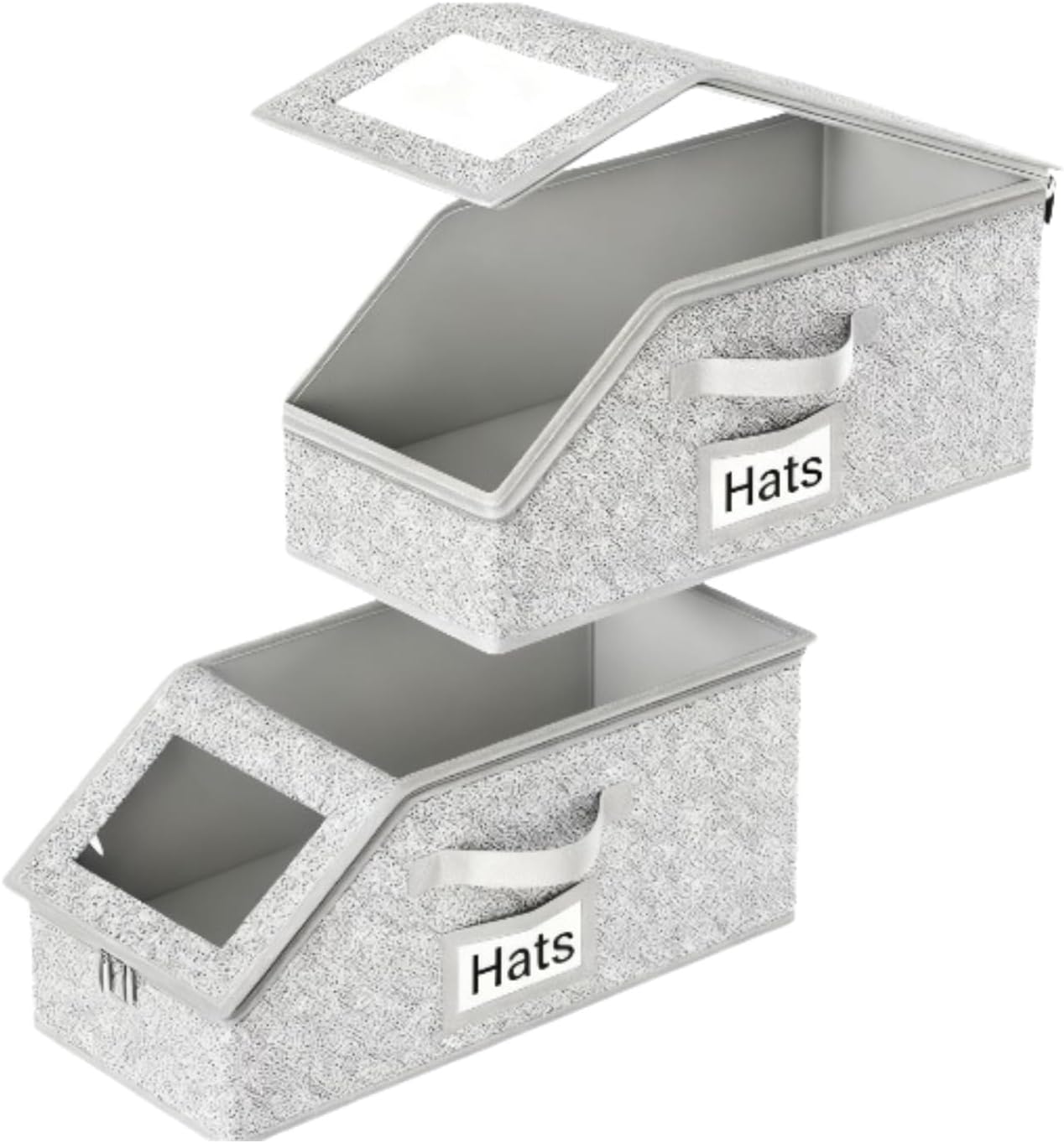 Space-Saving Hat Box with Clear Window Zipper Lid 2-Pack Stackable Closet Hat Organizer for Baseball Caps 16.5*9*7 Inches Grey