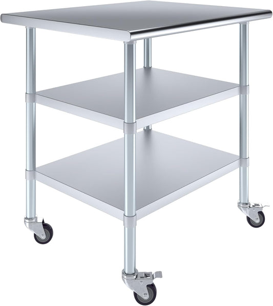 AmGood Stainless Steel Work Table with 2 Shelves and Casters | Metal Utility Table On Wheels (Stainless Steel Work Table with 2 Shelves + Casters, 36" Long x 30" Deep)