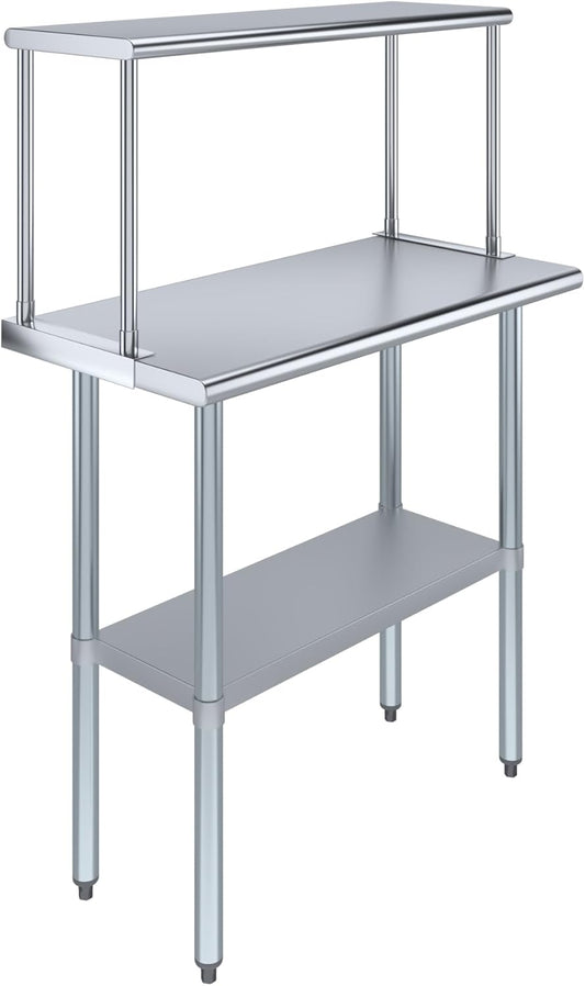 Stainless Steel Work Table with Wide Single Tier Overshelf | Metal Kitchen Prep Table & Shelving Combo (18" x 36" Work Table + 12" Overshelf)