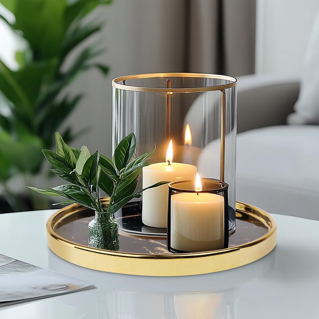 Black Vanity Tray Round Bathroom Decorative Tray for Dresser Countertop Organizer Cosmetics Round Marble Tray for Perfume,Bottles and Accessories