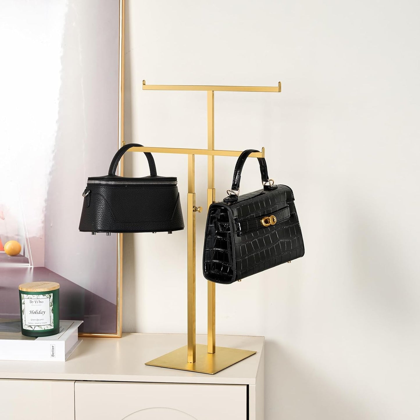 Purse Display Stand Jewelry Towers, Double T-Shaped Tabletop Stainless Steel Hook Hanging Adjustable Height Handbag Holder for Organizer Luxury Bags Necklaces Home Store Boutique Retail Closet