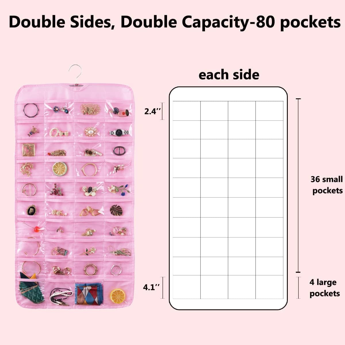 Bloss Valentines Day Gifts for Her,Pink Hanging Jewelry Organizer with 80 Pockets Jewelry Organizers and Storage, Earring Organizer Holder For Jewelry Earring Storage Dating Gifts for Wowen