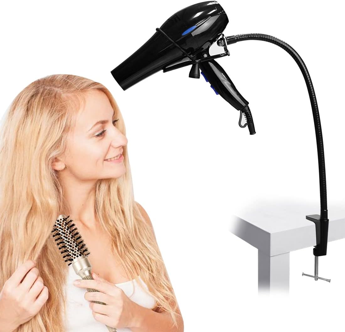 LUEXBOX Hands Free Blow Dryer Holder, Stainless Steel Hair Dryer Stand Clamp Mount for Countertop, Adjustable Hair Dryer Holder for Dog Grooming Table Arm with Clamp (Black)
