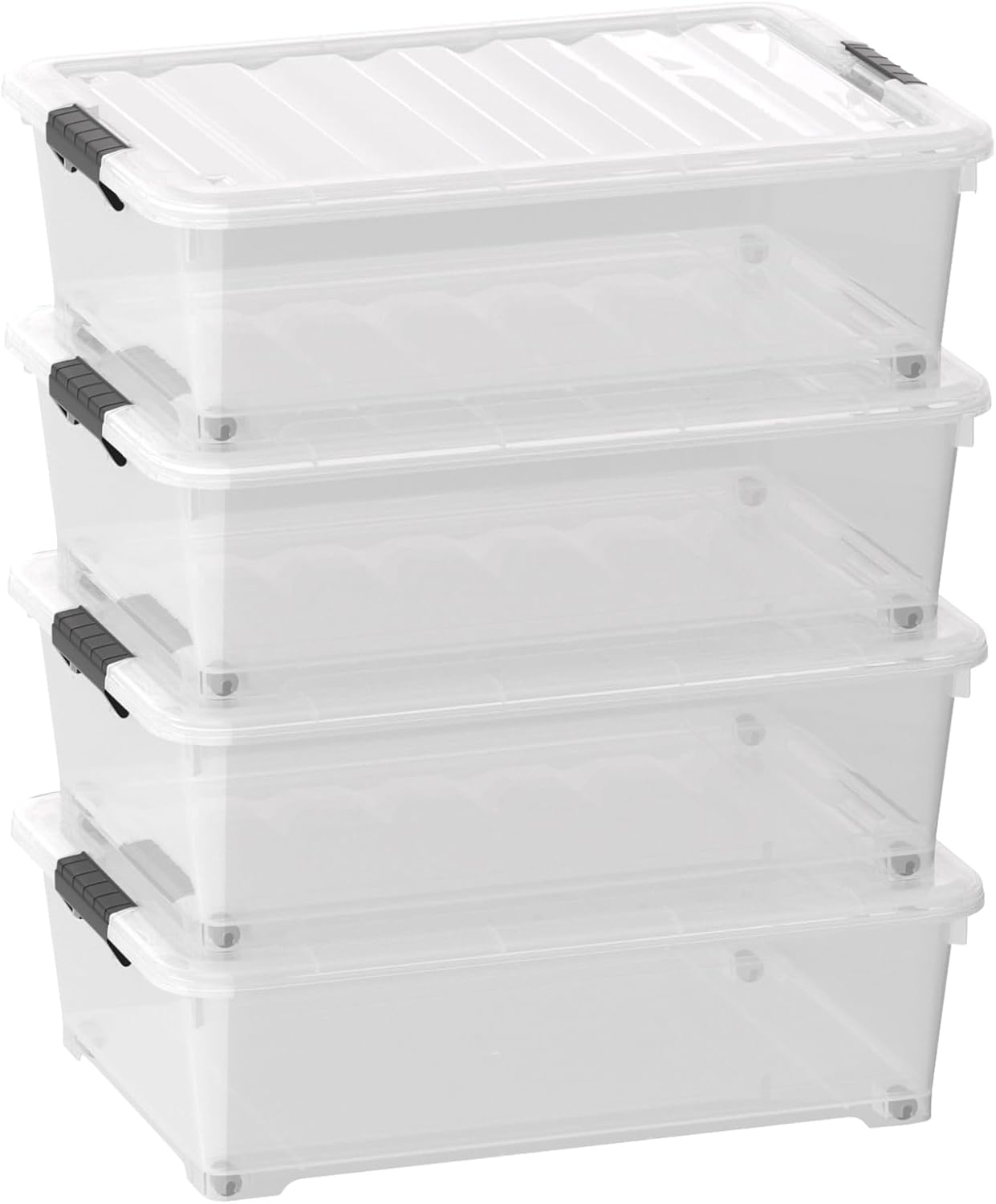 Sandmovie 4-Pack 25 Qt Plastic Under Bed Storage Organizer Bin with Latch Lids and Wheels, Underbed Plastic Container, Clear