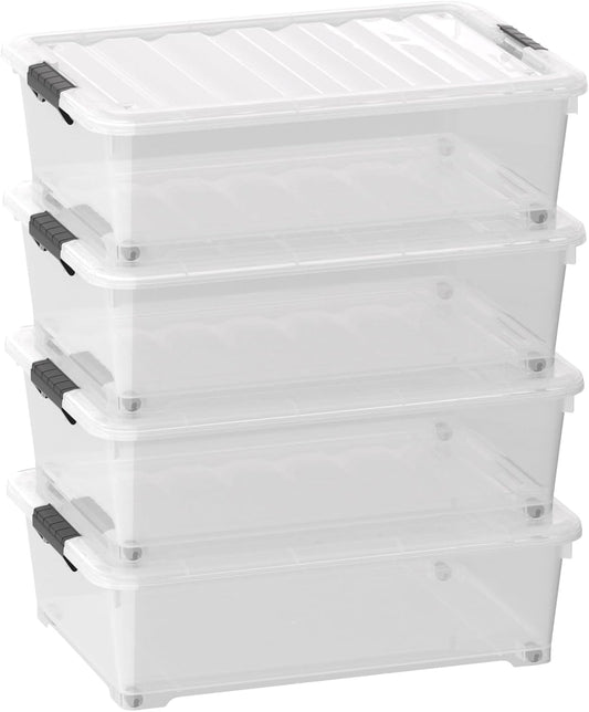 Sandmovie 4-Pack 25 Qt Plastic Under Bed Storage Organizer Bin with Latch Lids and Wheels, Underbed Plastic Container, Clear