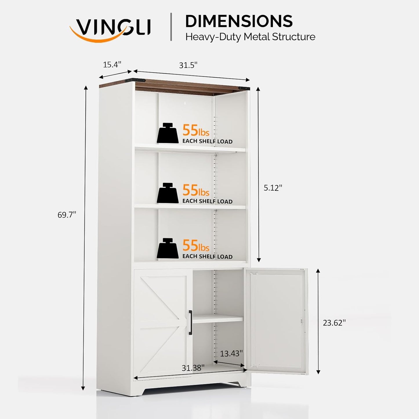 VINGLI Bookcase with Doors and Adjustable Shelves, Steel 70" Tall Bookshelf, 6-Tier Farmhouse Metal Storage Cabinet for Study, Living Room, Home Office, Kitchen Pantry, White Display Cabinet