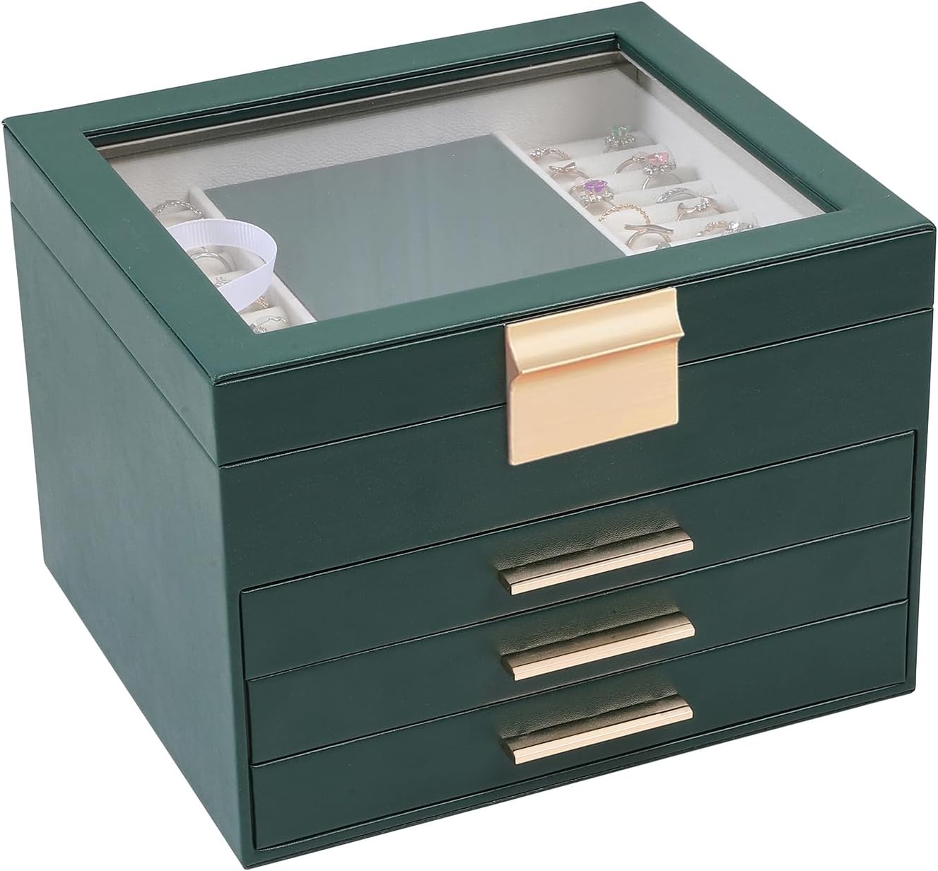 BOOVO Clear Lid Jewelry Box,4 Layers Jewelry Organizer Large Jewelry Storage Box with 3 Drawers,Jewelry Holder Organzier of Rings Earrings Necklace Bracelets for Women (Dark Green, 4 Layer)