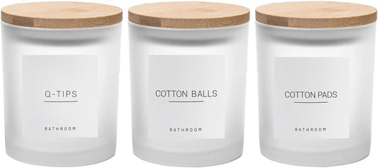 3PCS Modern 13.53oz Transparent Bathroom Canisters with 12 Labels & Wooden Lid Thick Glass Jar Set Qtip Holder for Cotton Ball & Pads Storage Organization Minimalist Decor