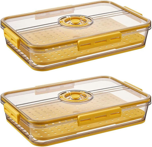 CottonColors Fridge Organizer, Food Storage Containers With Lids for Timer & Drain Board Stackable Refrigerator Organizers and Storage（Short, Large, 2 L, 2 pack）