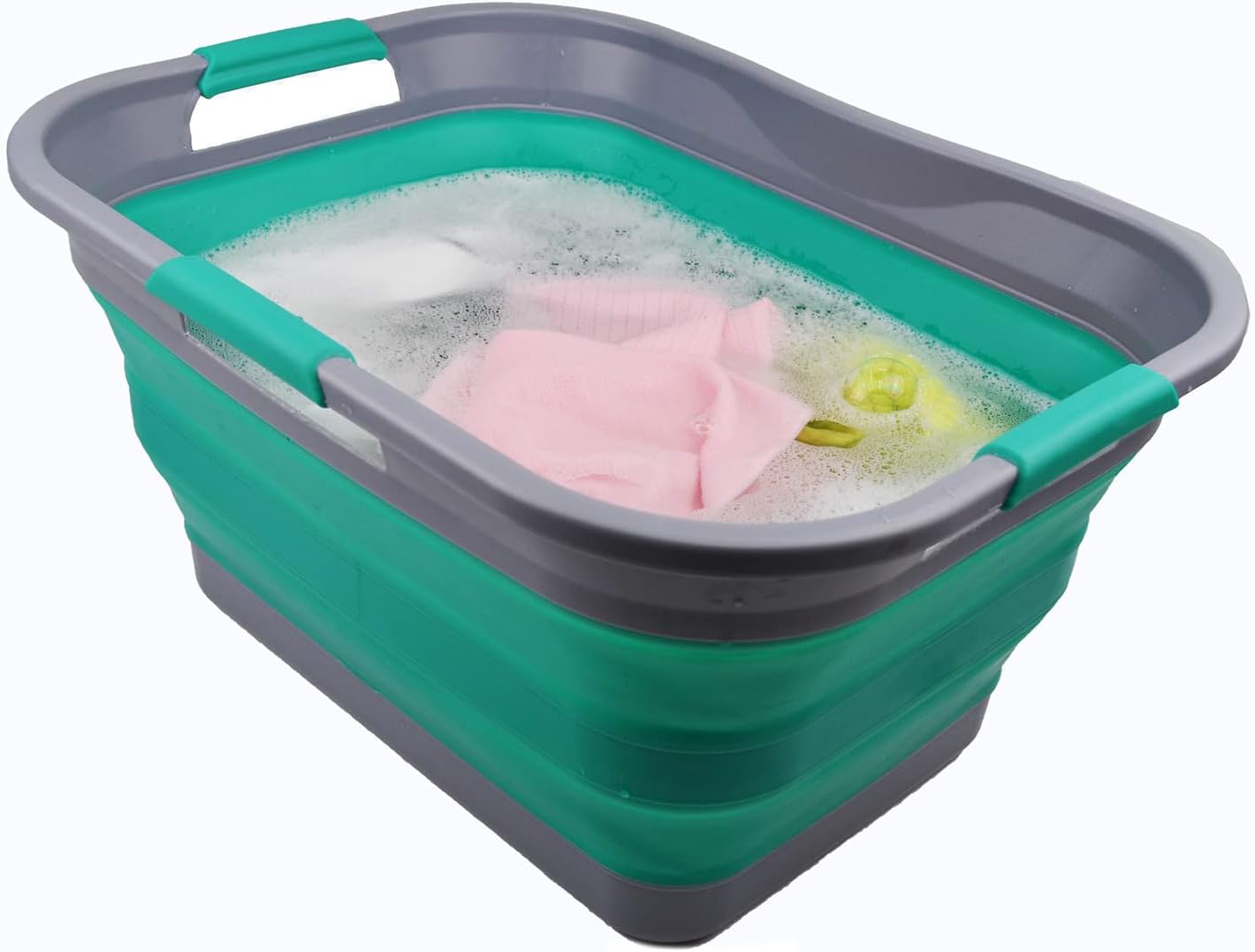 SAMMART 30L (8 gallon) Collapsible Plastic Laundry Basket - Foldable Pop Up Storage Container - Portable Washing Tub - Space Saving Hamper- Water Capacity 24L(6.3 gallon) (1, Dark Grey/Bluish-Green)