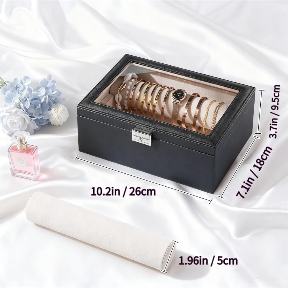 Delicate Jewelry Storage Box with Lock and Two Rolls Clear Lid Display Holder for Bracelet Watch Bangle Gift 10 * 7 * 3.7 Inches