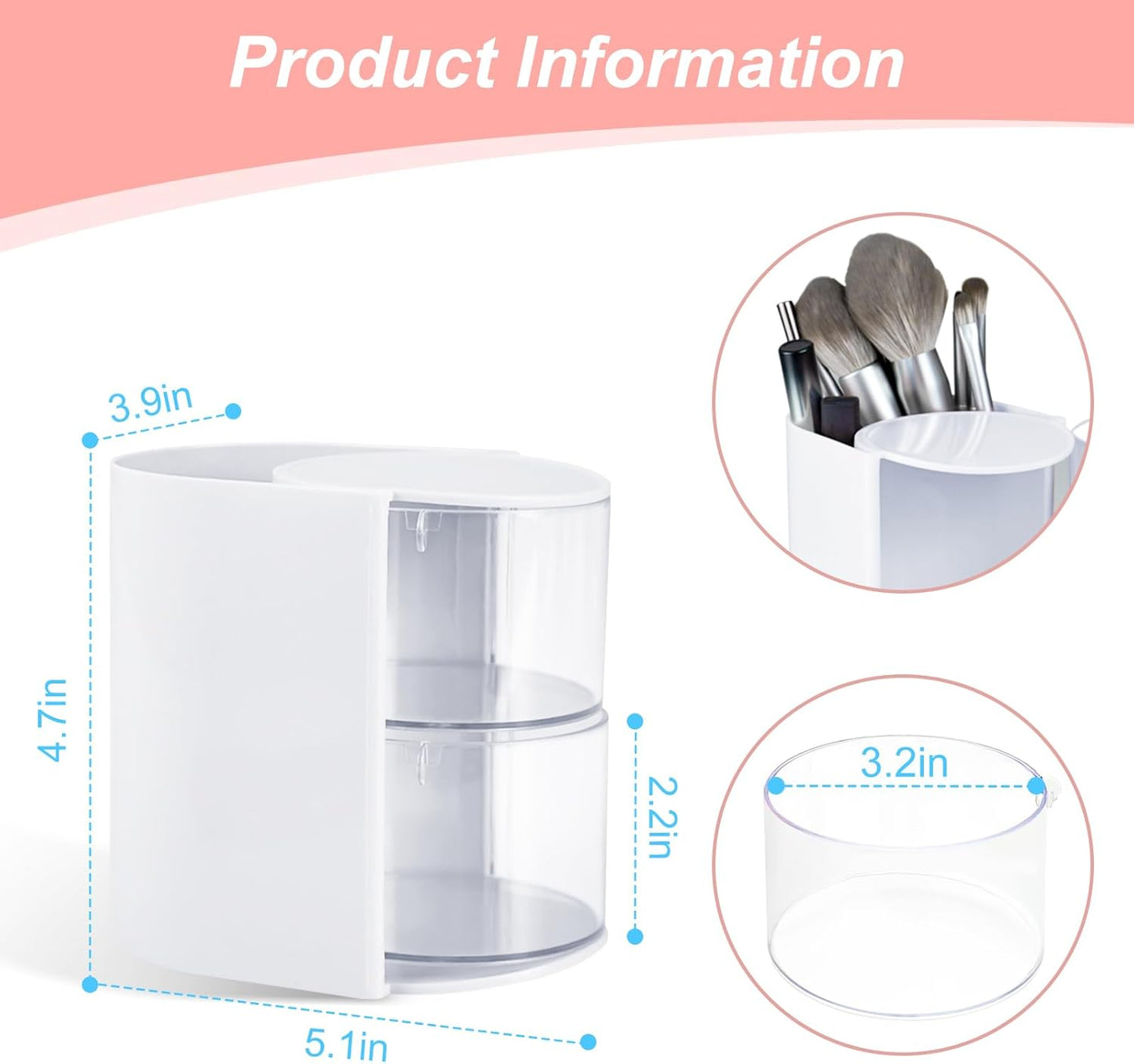 Hair Accessories Organizer with Hair Brush Holder, Rotatable Makeup Brush and Jewelry Storage Box for Hair Clips, Earrings, Necklaces, Bracelets, Rings, and Daily Accessories (White, 2-Layer)