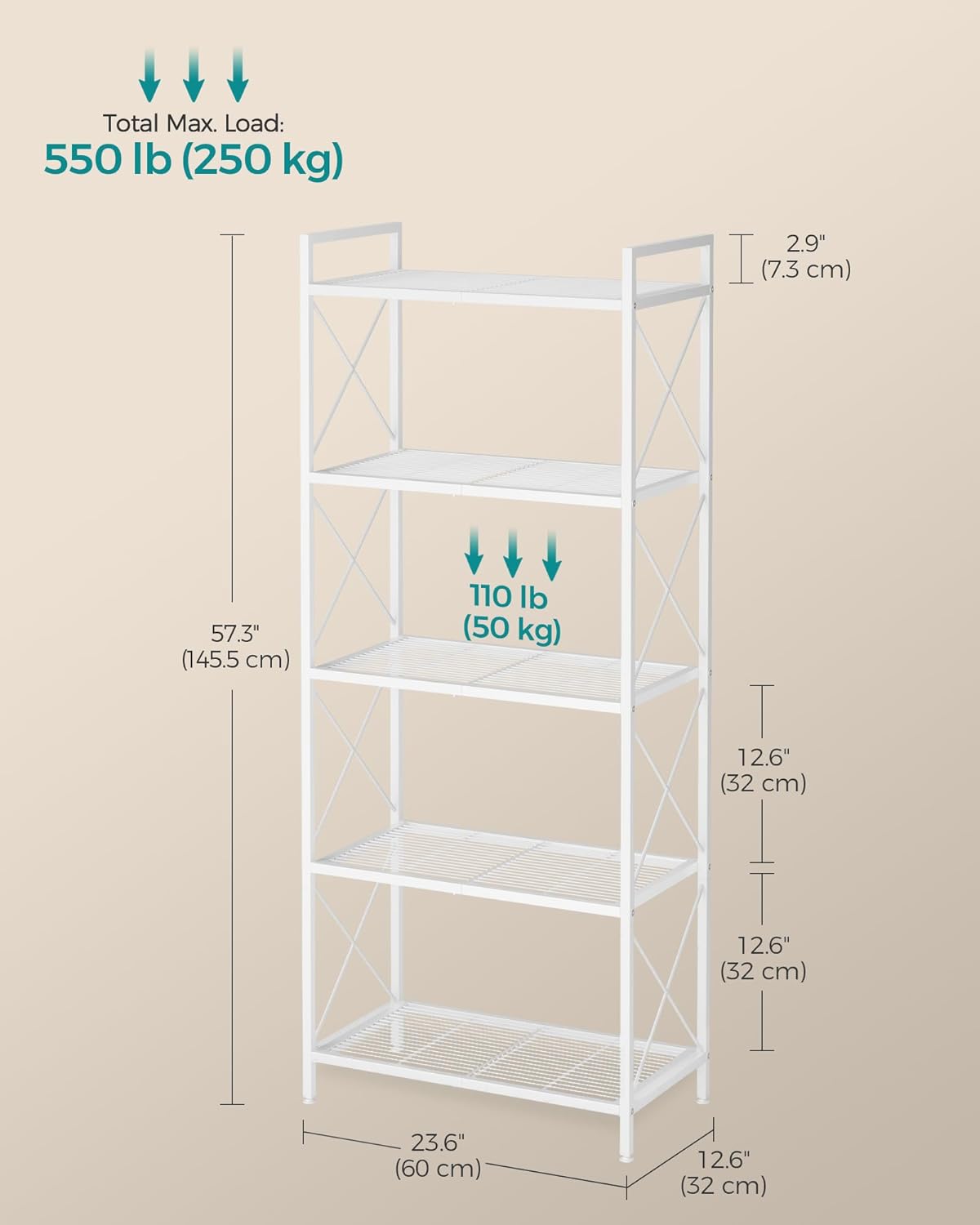 SONGMICS 5-Tier Metal Storage Rack, Shelving Unit with X Side Frames, Dense Mesh, 12.6 x 23.6 x 57.3 Inches, for Entryway, Kitchen, Living Room, Bathroom, Industrial Style, Cloud White UBSC165W01