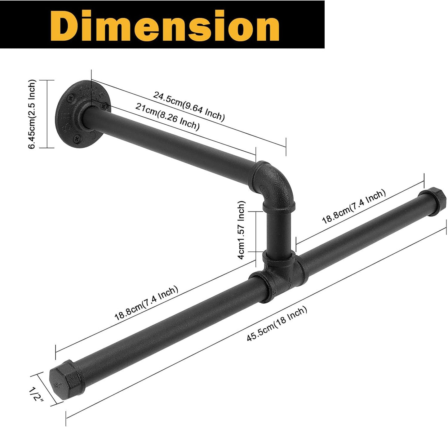 Industrial Pipe Clothes Rack Floating DIY Wall Mounted, Heavy Duty Rustic Vintage Clothing Rod, Metal Garment Bar Space-Saving Hanging for Bedroom, Bathroom and Laundry Room (Black 18 inch)