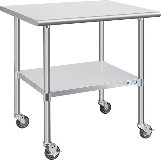 Hally Stainless Steel Table for Prep & Work 30 x 36 Inches with Caster Wheels, NSF Commercial Heavy Duty Table with Undershelf and Galvanized Legs for Restaurant, Home and Hotel