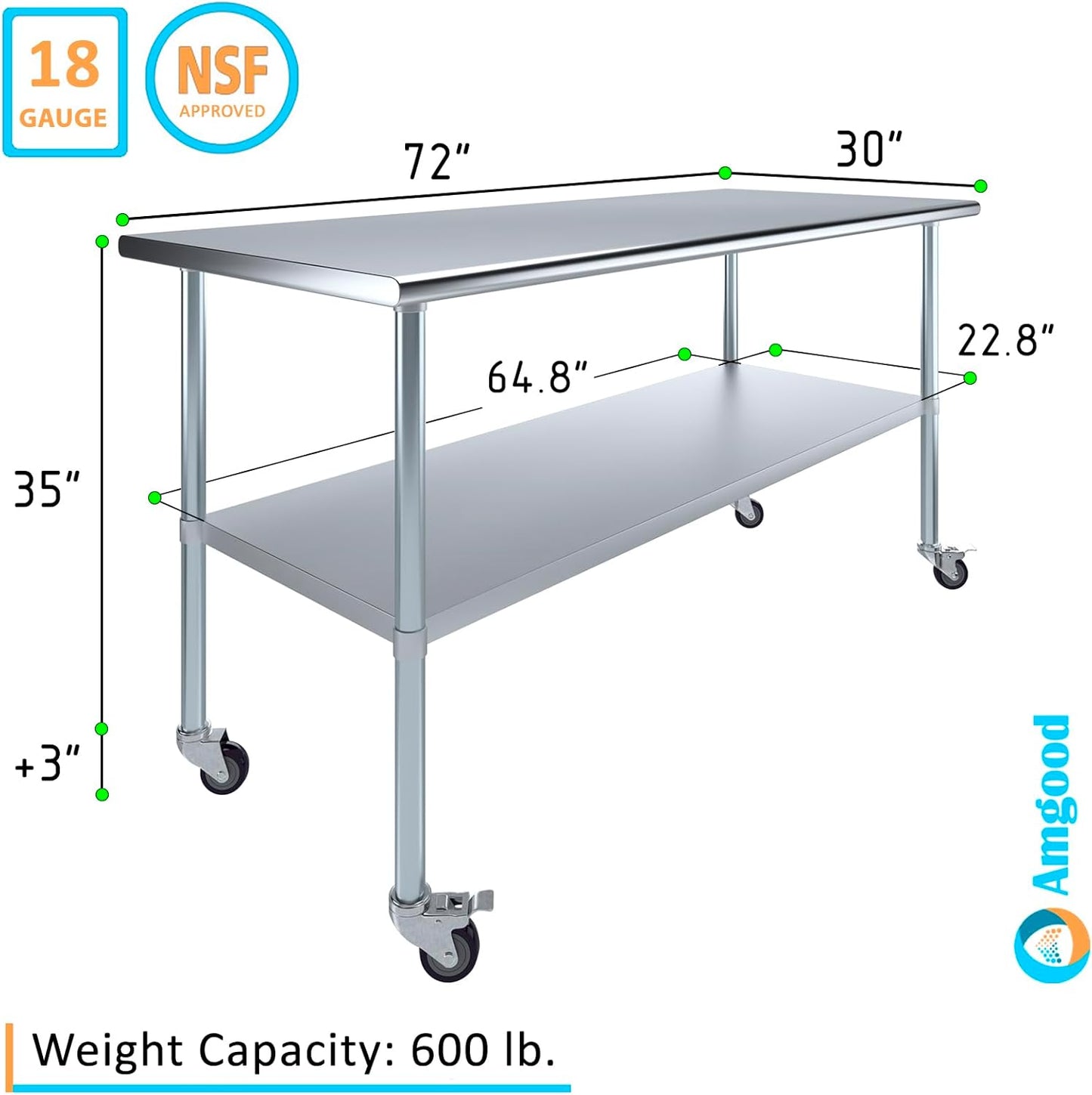 AmGood 72" Long x 30" Deep Stainless Steel Table with Casters