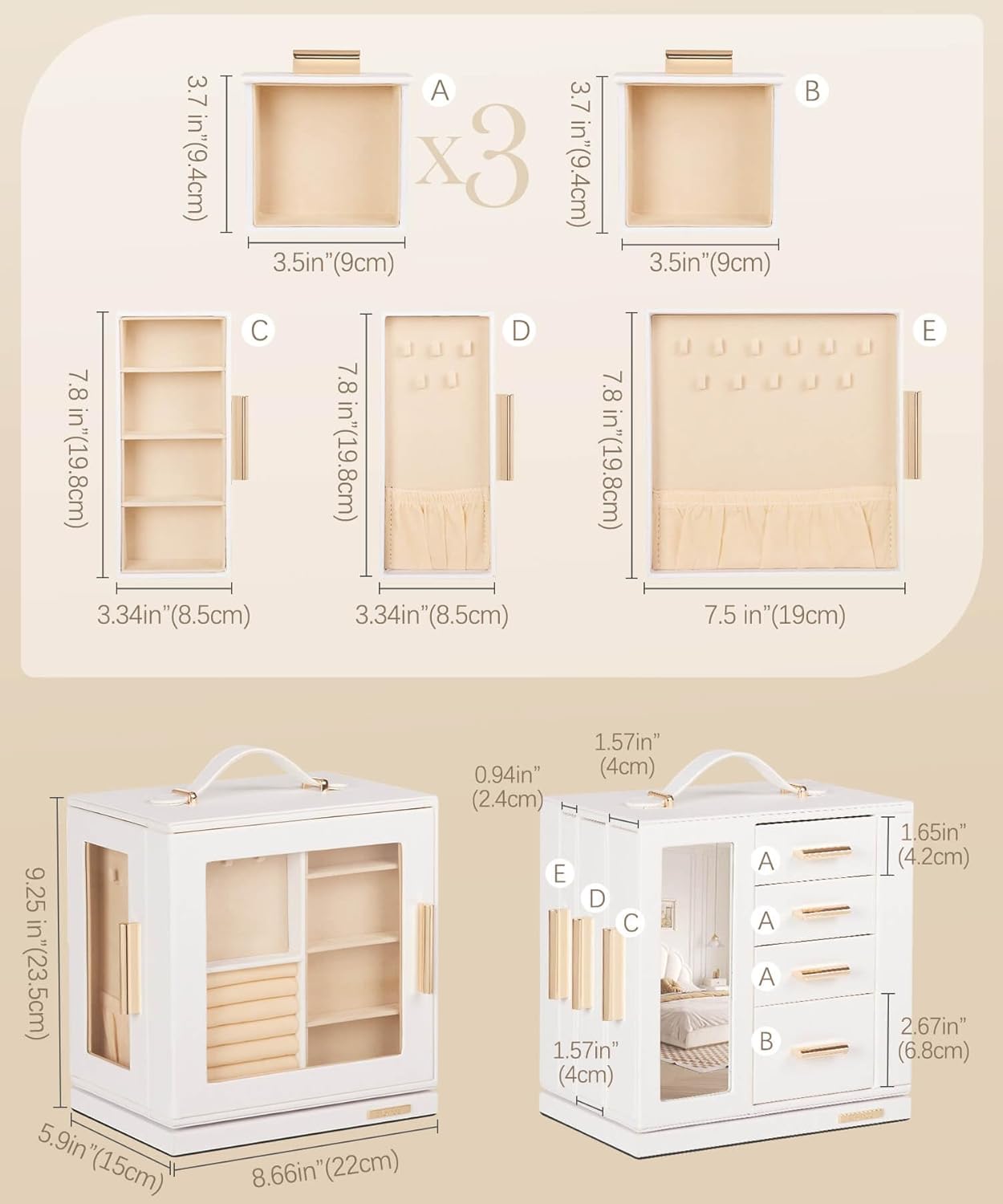 Homde Christmas Gifts Jewelry Box 360° Rotating, Necklace Earring Organizer with Transparent Window, Mirror, 7 Drawers, Large Ring Display Storage Case for Girls Women (White)