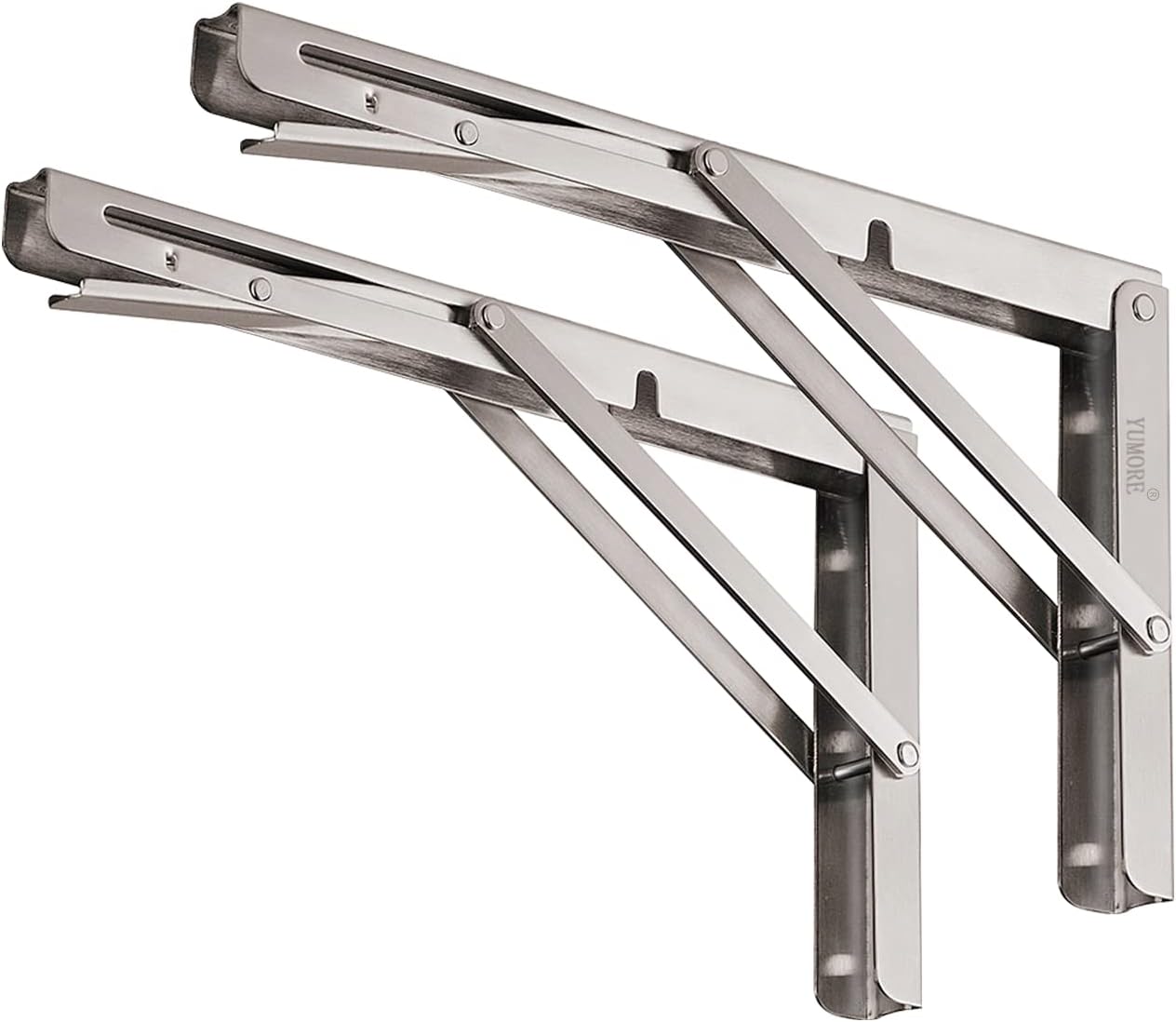 YUMORE Folding Shelf Brackets 12", Max Load: 330lb Heavy Duty Stainless Steel Collapsible Shelf Bracket for Table Work Bench, Space Saving DIY Bracket, Pack of 2