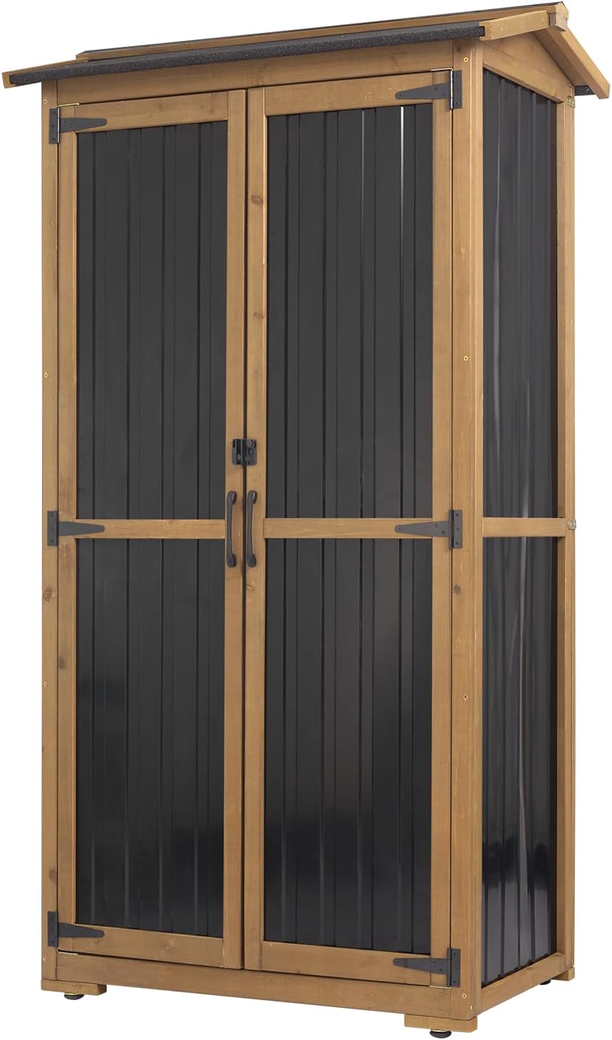 Outdoor Storage Cabinet, Wood & Metal Garden Cabinet with 3 Adjustable Shelf, Weather-Resistant Roof, Lockable Doors & Adjustable Feet for Patio, Garden, Farm (33" L x 21" W x 69" H)