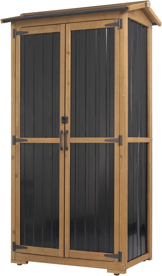 Outdoor Storage Cabinet, Wood & Metal Garden Cabinet with 3 Adjustable Shelf, Weather-Resistant Roof, Lockable Doors & Adjustable Feet for Patio, Garden, Farm (33" L x 21" W x 69" H)