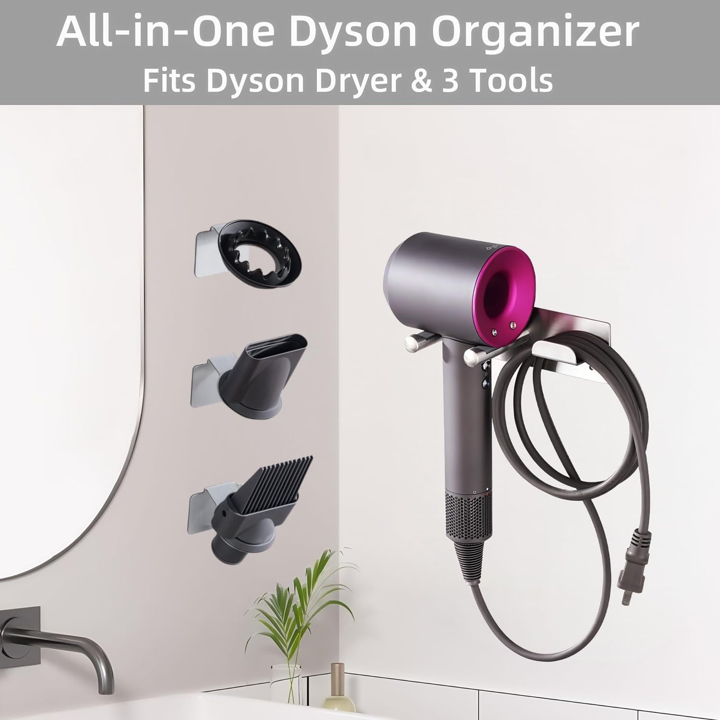Dyson Hair Dryer Holder, Hair Dryer Wall Mount Organizer for Supersonic & Nural, Stainless Steel Dyson Blow Dryer Holder with Magnetic Rings, Waterproof & Rust Resistant for Bathroom/Salon PTALSEAW