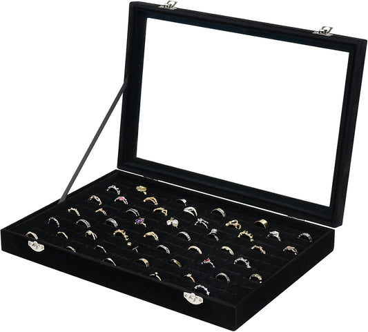 Ring Organizer for Jewelry, Ring Holder Box with Clear Lid, Dustproof Velvet Rings Display Tray Storage Case, 100 Slot Glass Top Jewelry Tray Drawer Insert for Multiple Rings Studs Earring (Black)