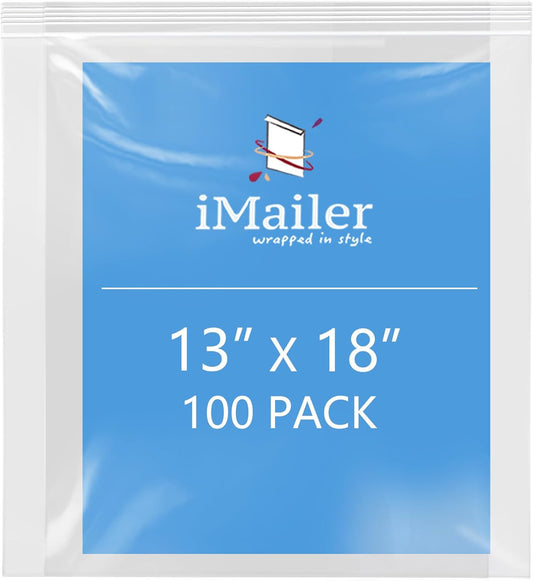 iMailer- 13" x 18" 100 Pack- 2 Mil Resealable Zip Bags- Clear Plastic Bags with Zip Top Lock for Storage, Organizing, Crafts, Travel