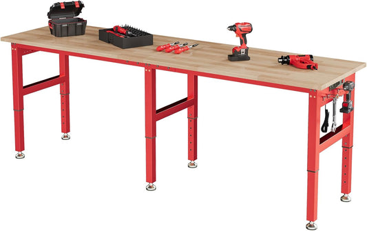 SPECRAFT 96" Red Adjustable Heavy Duty Workbench with 4 AC Outlet and 2 USB Ports Power Outlets, 6000 Lbs Capacity, Rubber Wood Top for Garage, Workshop, Office