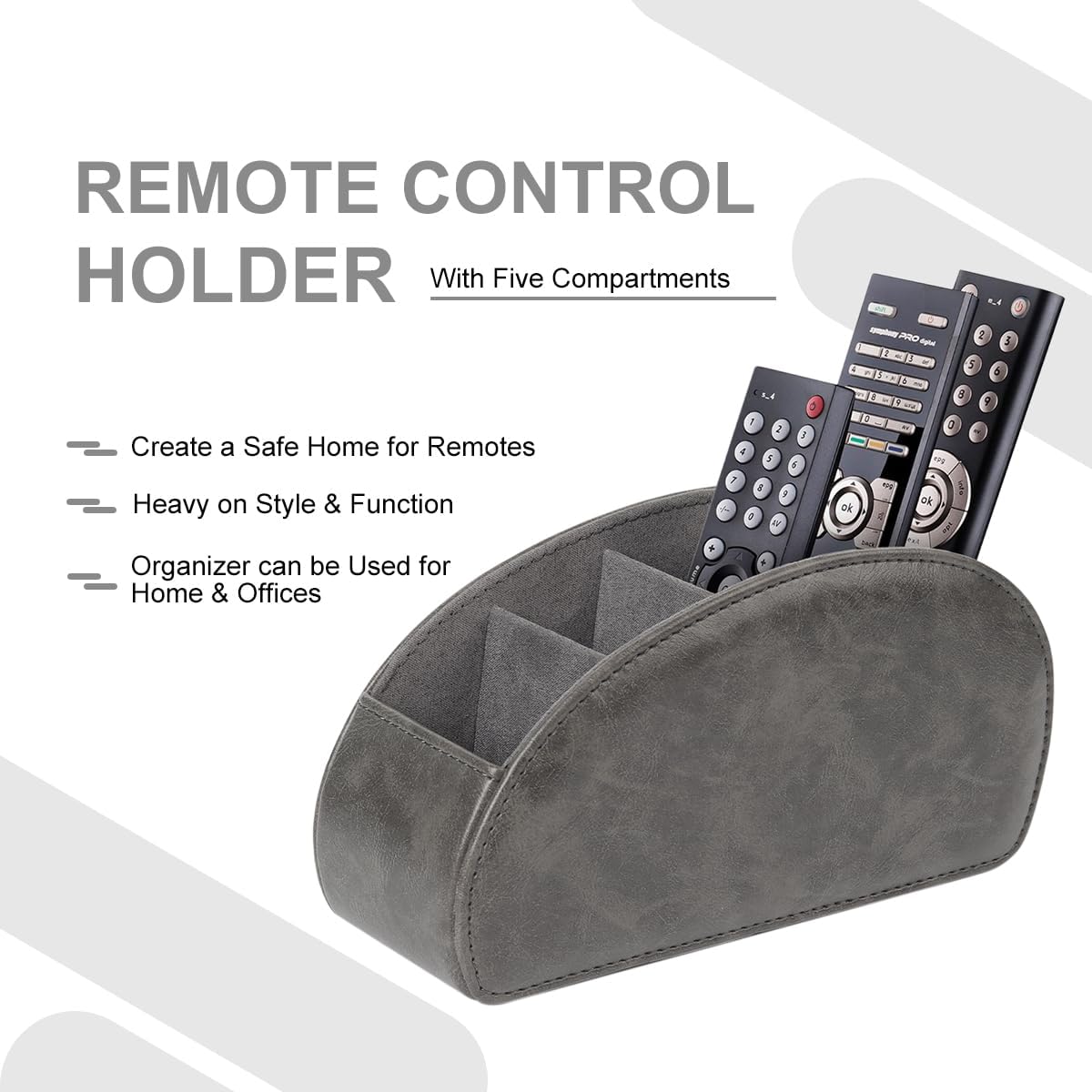 TV Remote Control Holder with 5 Compartments,Pu Leather Remote Caddy/Tray Bedside Table Desk Storage Organizer for DVD, Blu-Ray, Media Player, Heater Controllers andMakeup storage box (Grey)