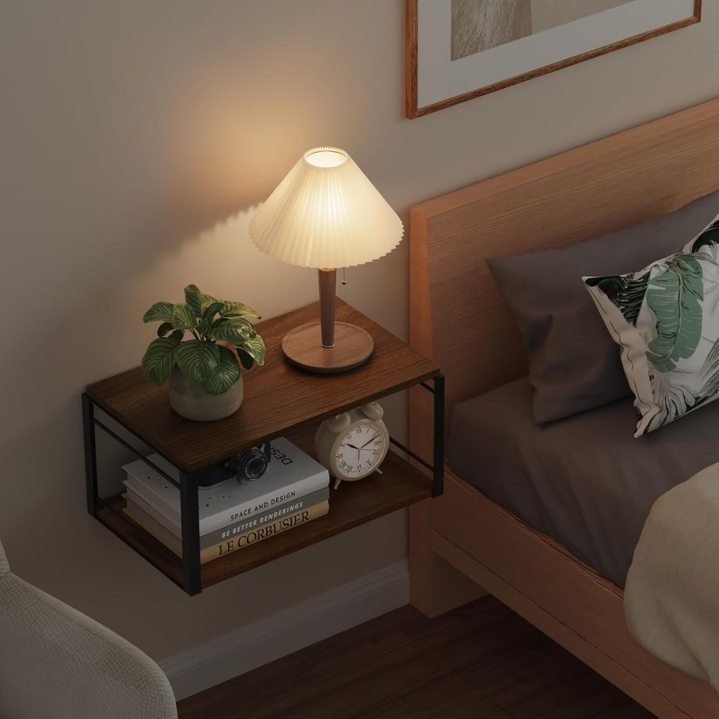 Floating Nightstand Wall Shelf, Wood Bedside Shelf Wall Mounted Nightstand Set of 2, Floating Bedside Table for Bedroom, Living Room, Bathroom, Kitchen, Office (Vintage Brown)