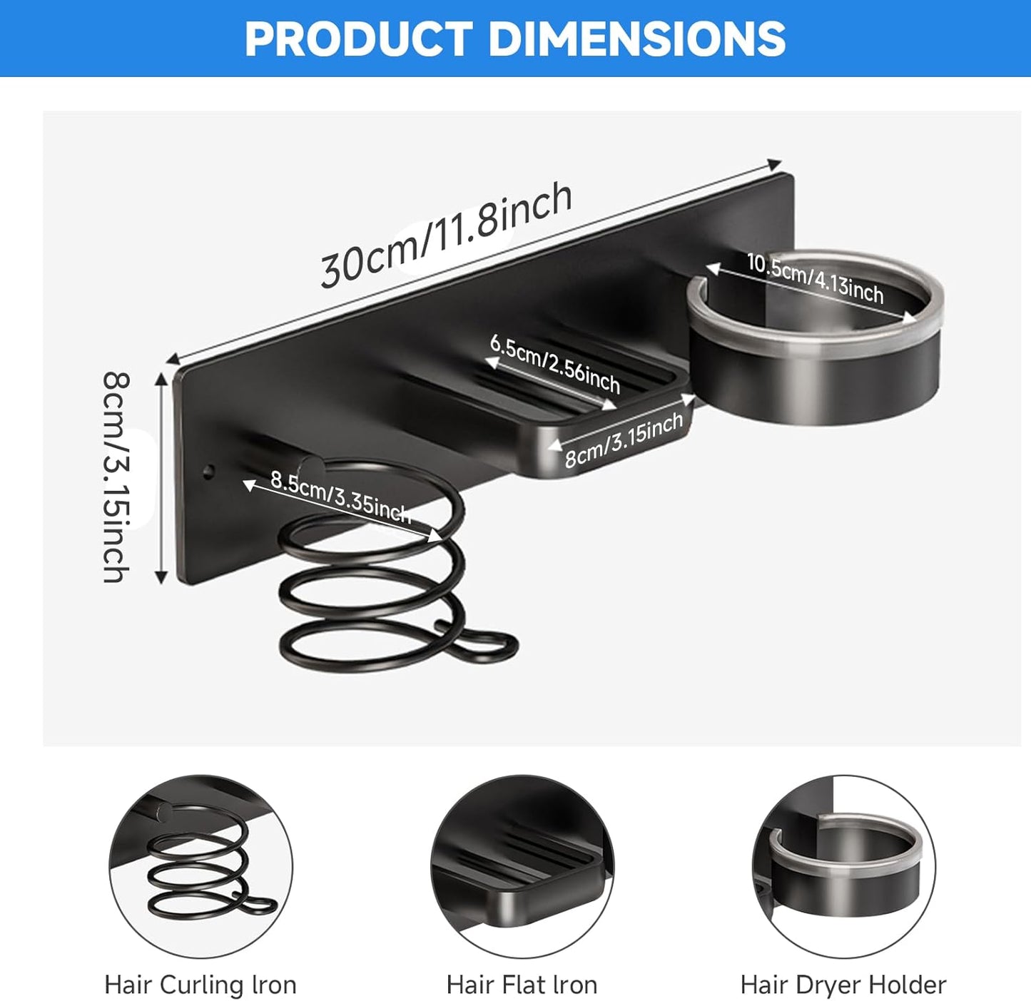 Hair Dryer Holder Wall Mounted,Blow Dryer, Curling Iron, Straightener Holder 3 in 1 Bathroom Metal Hair Tool Organizer Rack-BLACK-1