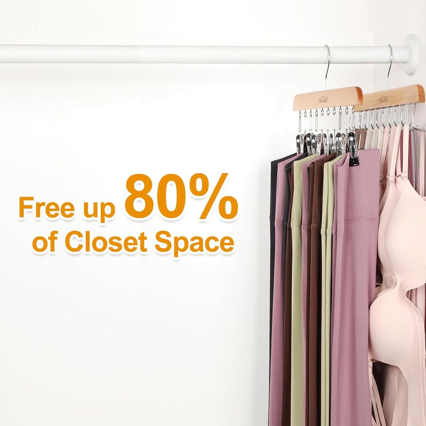 TOPIA HANGER 2 Pack Bra Hanger with 2 Pack Leggings Organizer, 2-in-1 Space Saving Hangers Neatly Store Max 40 Bras and 20 Leggings, Pants Jeans Shorts Skirt Tank Top Hanger for Closet Natural CT77N