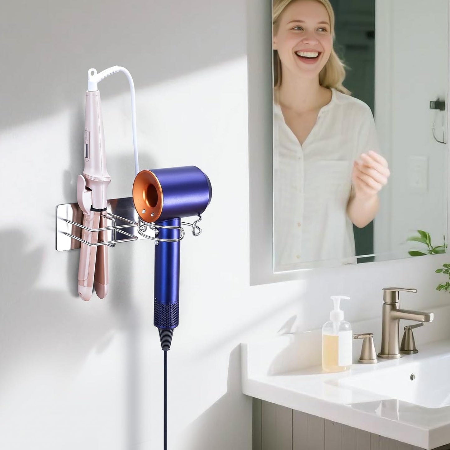 Hair Straightener Holder Hair Dryer Holder Wall Mounted, Blow Dryer and Curling Iron Holder, Blow Dryer Holder Wall Adhesive, Hair Dryer and Straightener Holder for Bathroom Salon (Silver)