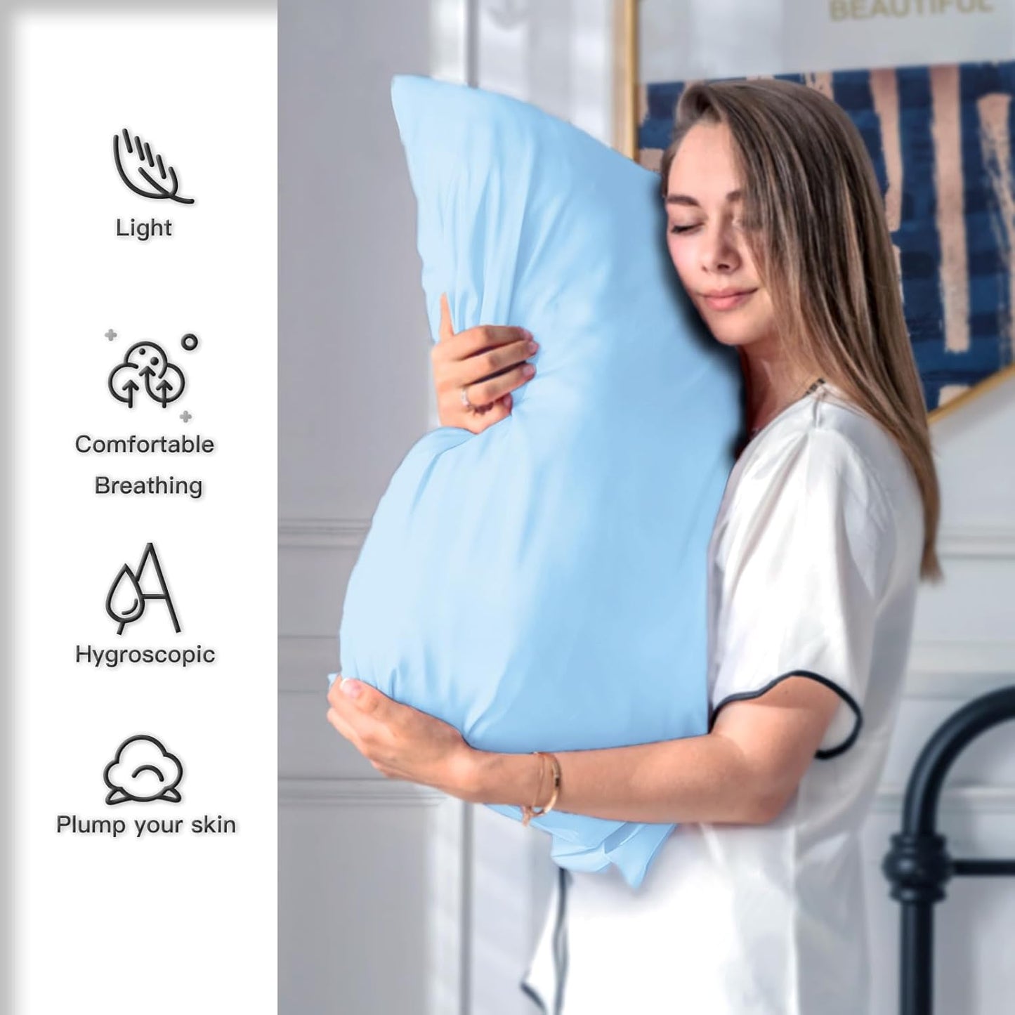 Mulberry Silk Pillow Cases for Hair and Skin Queen Size Silk Pillowcase with Zipper Soft Breathable Smooth Cooling Satin Silk Pillow Covers for Sleeping (Sky Blue,20"X 30",1Pcs)