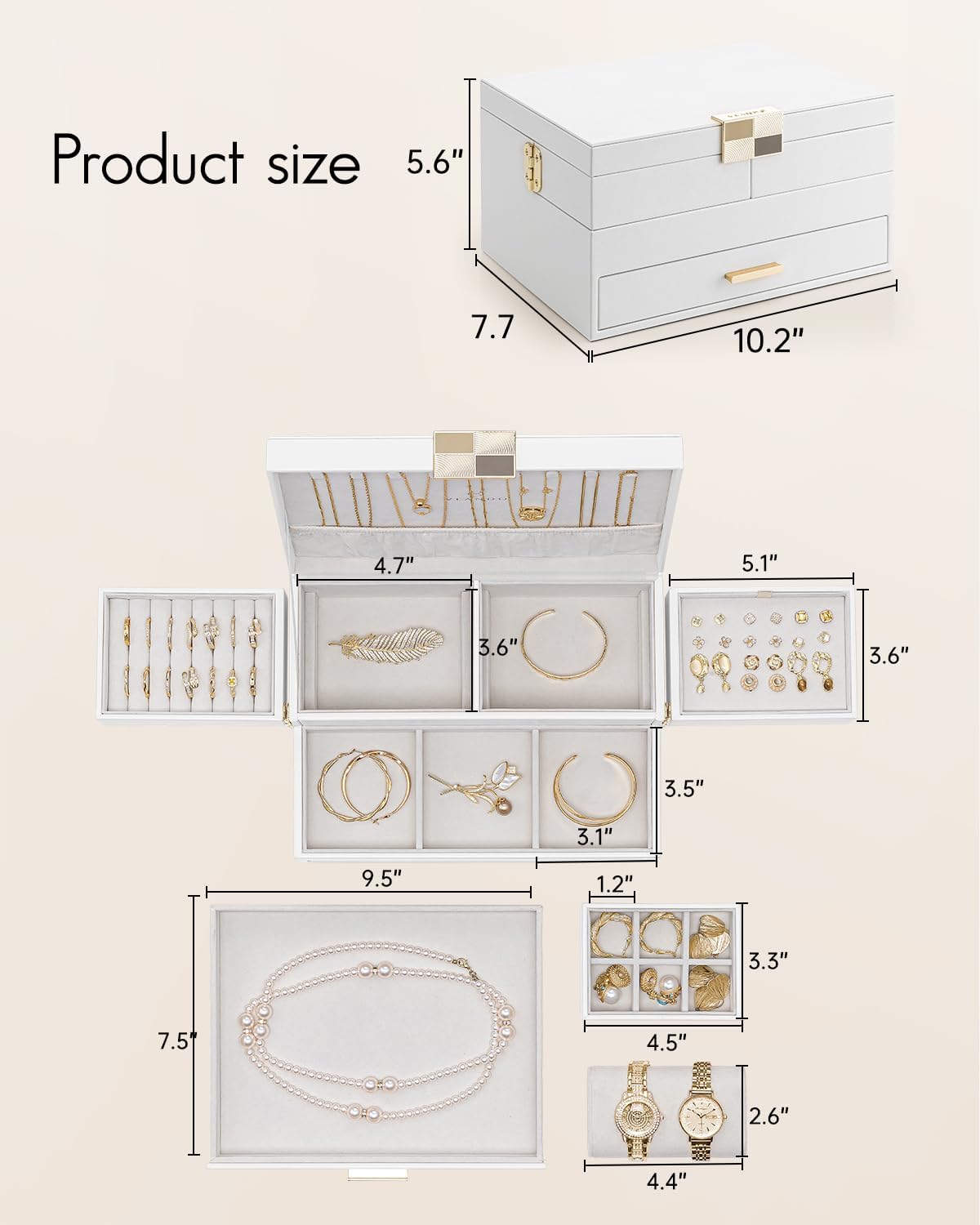 Vlando 3 Layer Jewelry Box - Women Jewelry Box with Retractable Tray - Jewelry Organizers with Drawer for Necklaces, Rings, Bracelets, Earrings, Gift for Couples Mom Girls - White