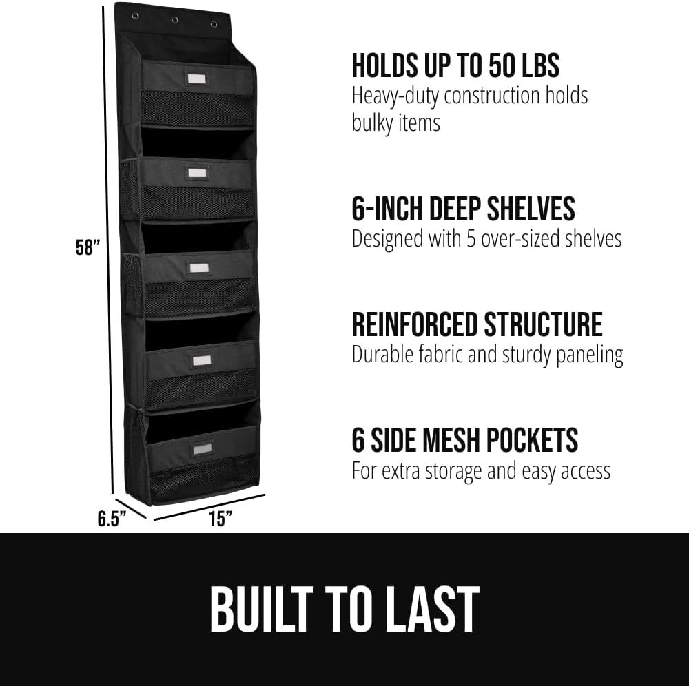 GORILLA GRIP Large Capacity Closet Organizer, 5 Deep Shelves, Holds 50lbs, Over the Door Organizers 6 Mesh Pockets, Shelf Storage for Clothes Crafts Dorm Essentials, 3 Metal Hooks, 58x15 Inches, Black