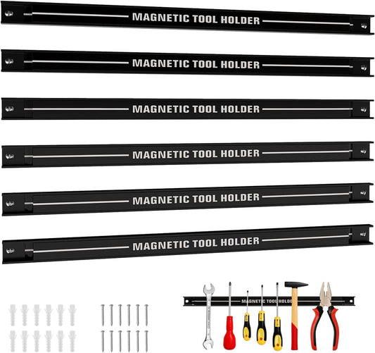 18" Magnetic Tool Holder Strip, 6 Pack Magnet Bar with Mounting Screws, Heavy Duty Magnetic Strips Tool Organizer for Garage Shop Workbench Kitchen Organization (Black)