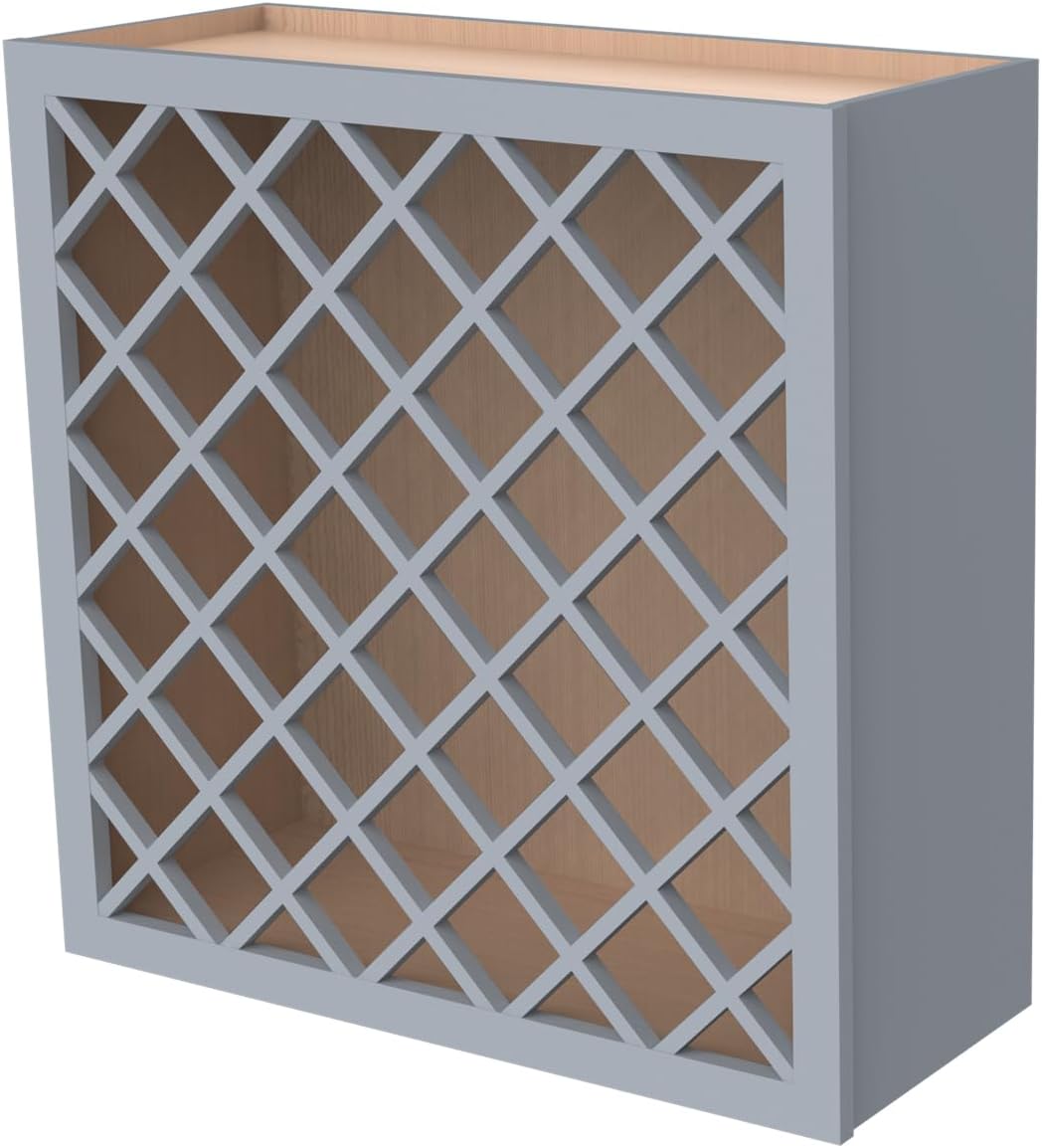 Solid Wood RTA Wine Bottle Rack Wall Cabinet with Lattice Panels - Bottle Holder Storage for Bar, Pantry, or Wine Cellar - Mocha Finish Countertop Solution (Gray, 24'W 12'D 30'H)