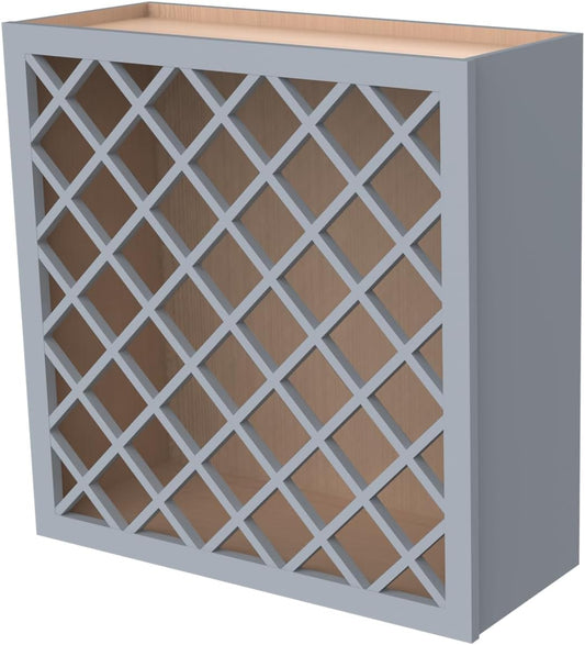 Solid Wood RTA Wine Bottle Rack Wall Cabinet with Lattice Panels - Bottle Holder Storage for Bar, Pantry, or Wine Cellar - Mocha Finish Countertop Solution (Gray, 24'W 12'D 30'H)
