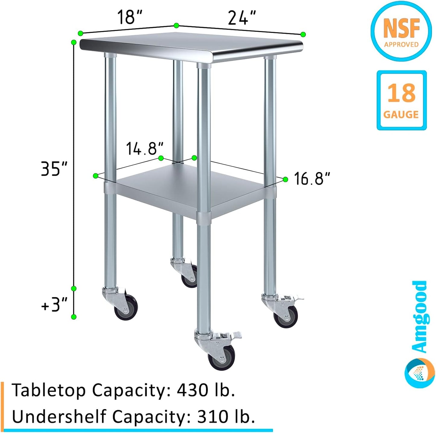 AmGood 18" Long x 24" Deep Stainless Steel Table with Casters