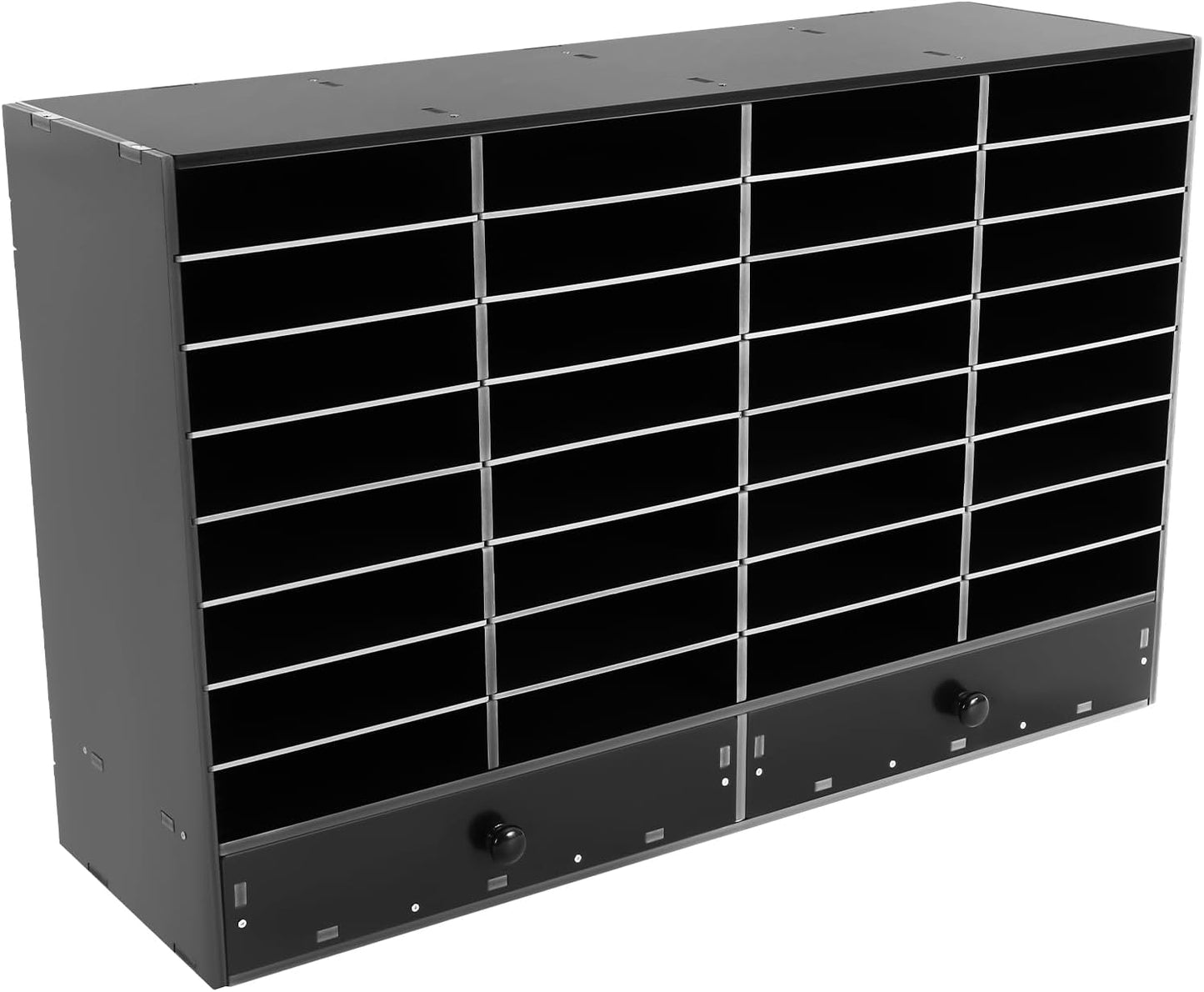 Adjustable Literature Organizer, 32 Compartments Mail Sorter Organizer with 2 Drawers, PVC Desktop File Sorter, Classroom Mailbox Office Mailbox Cubbies for Office, Home, Study Room Black