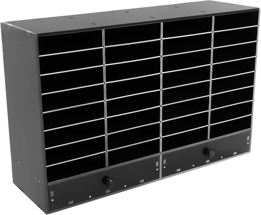 Adjustable Literature Organizer, 32 Compartments Mail Sorter Organizer with 2 Drawers, PVC Desktop File Sorter, Classroom Mailbox Office Mailbox Cubbies for Office, Home, Study Room Black