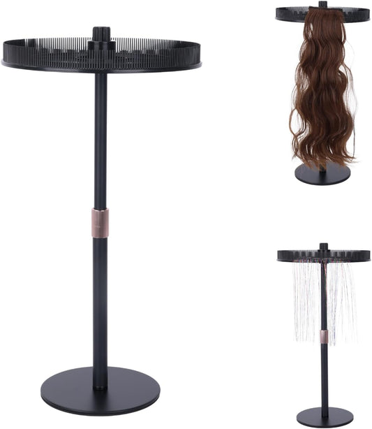 Adjustable Hair Extension Stand – Matte Black Metal, 11"–17.5" Height, Tangle-Free Storage & Display for Bangs, Clip-Ins, Color Strips, Colored Clip Hair Extensions & More, Non-Slip Base, Easy Assembly